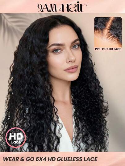 TrueHD Peluca de encaje con ondas de agua HD sin pegamento de 6 x 4 pulgadas, cabello largo de 16 a 30 pulgadas con densidad del 180%, color natural, línea del cabello previamente desbrozada, lista para usar para principiantes, , artículos del Día de San Valentín, peluca de encaje de cabello humano natural sin pegamento para una cita romántica para mujeres