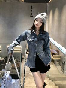 DAZY 女士休闲做旧牛仔衬衫，街头风长袖 - 藍色 - 查看 5