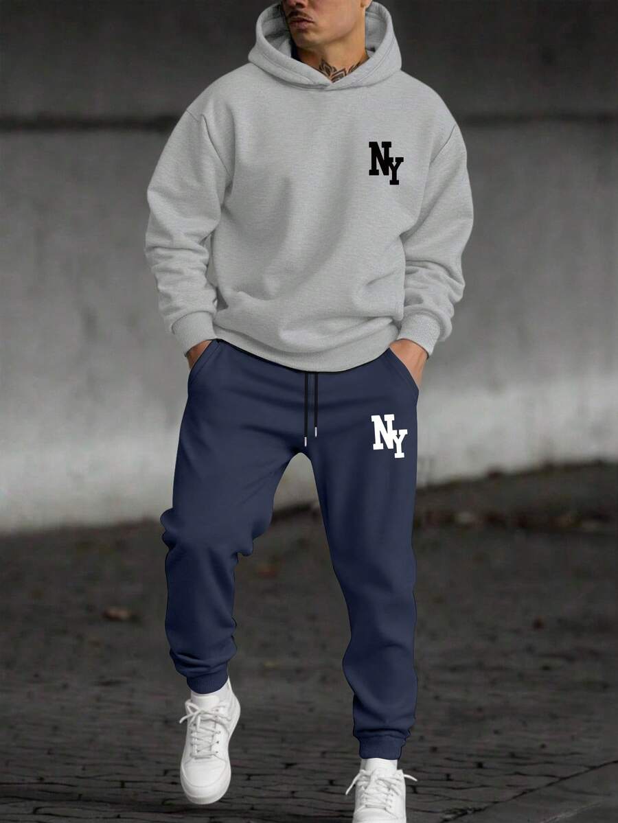 Manfinity Homme 2 pezzi Set di felpa e pantaloni casual con stampa lettera NY, stile minimalista, adatto per pendolari, autunno/inverno - Multicolore - Visualizzare 1