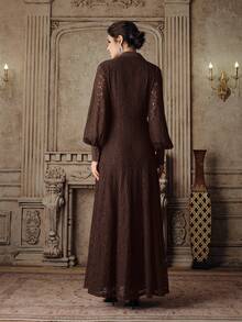 Anewsta Women's New Lace Elegant Long Sleeve A-Line Dress, European & Middle Eastern Street Style, Brown, Burgundy, Purple, Suitable For Valentine's Day - Coffee Brown - View 2
