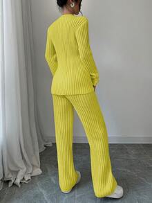 SHEIN PETITE 女款淺綠色秋季休閒居家兩件式針織毛衣套裝，優雅專業辦公通勤穿搭，復古斯德哥爾摩街頭風外出上衣，適合嬌小女性 - 鵝黃色 - 查看 2