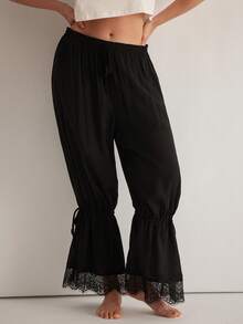 Freevana Plus Size Casual Drawstring Hem Mesh Cropped Pants Casual Pocket - Black - View 7