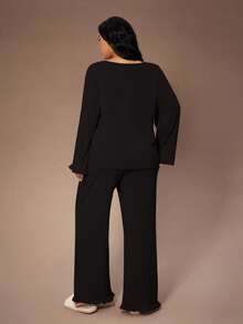 Lazeform Soft Rib Knit Ruffle Trim Front Button Decor Romantic Elegant Loungewear Casual Plus Size Pajama Set - Black - View 4