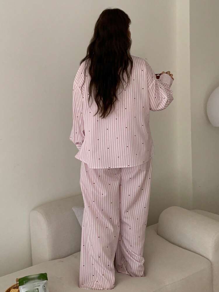 Dazy Plus Cute Floral Print Loose Shirt Top And Straight Pants Pajama Set, Plus Size Women Spring/Autumn