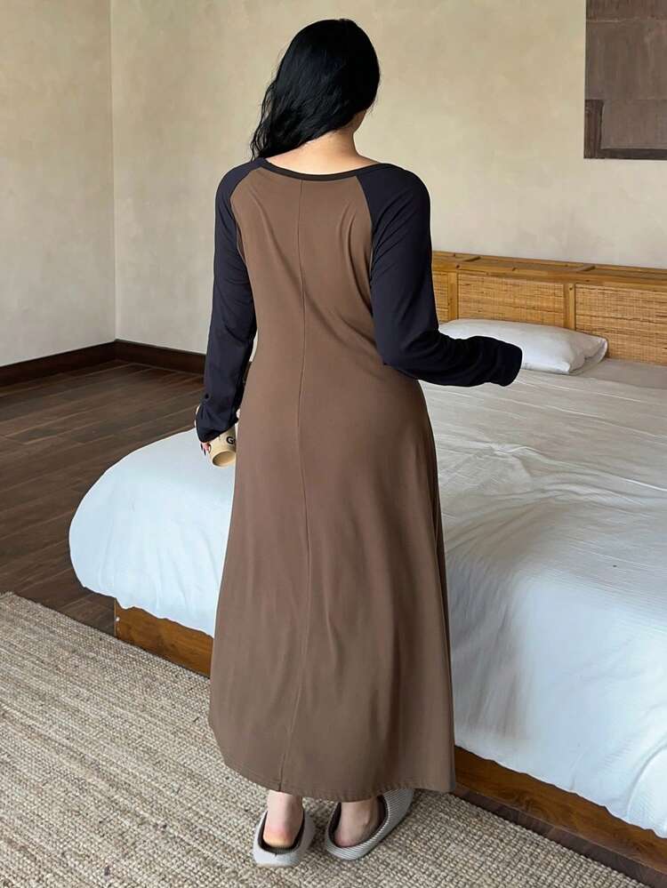 Dazy Plus Plus Size Women Contrast Color Patchwork Elastic Fitted Sexy Sleepwear Long Nightgown