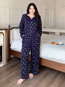 Dazy Plus 2pcs Plus Size Women Casual Bow Print Loose Pajama Set, Comfortable Home Wear For Spring & Autumn - Navy Blue - View 5