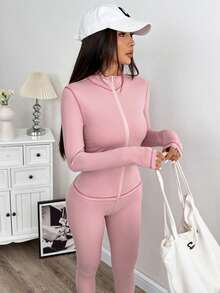 SHEIN EZwear Women's Yoga Sports Contrast Stitch Stand Collar Slim Fit Jacket And Leggings Set, Pink - Pink - View 3