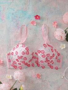 FloralLove Áo ngực ren hồng có gọng vá, nâng đỡ cao, nâng đỡ và xếp ly, đồ lót nữ dễ thương và quyến rũ - Hồng - Xem 7