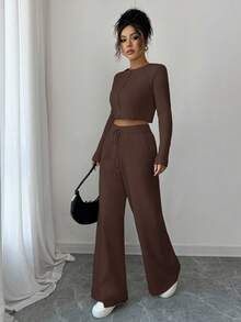 Modelyn 女士纯色单排扣长袖上衣和抽绳腰宽松阔腿裤两件套 - 咖啡棕 - 查看 5