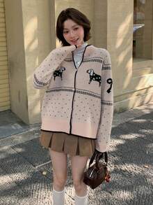 DAZY Women's Cartoon Contrast Color Puppy Design Korean Style Cardigan, Autumn/Winter - Pink - View 3