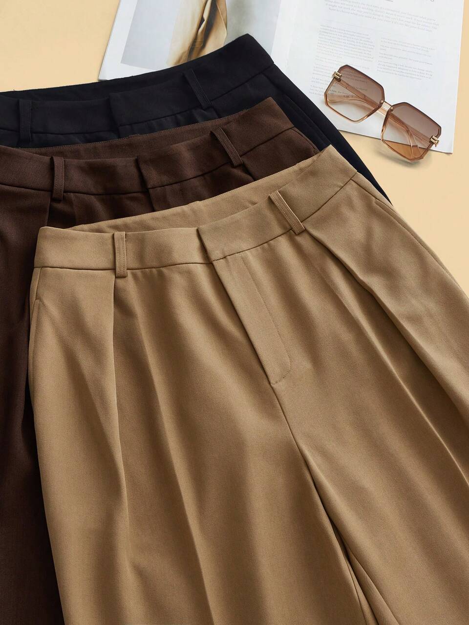 Anewsta 3 Pairs Elegant Chic Morden Straight Leg High Waisted Pants Set, Vacation, New Year Commute Everyday For Women, Fall Winter,Suitable For All Seasons