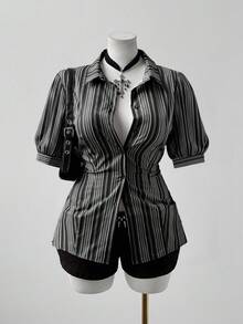 Sunspun 加大码条纹短袖修身黑色休闲衬衫，适合上学、上班、出席正式场合和派对。 - 黑色 - 查看 1