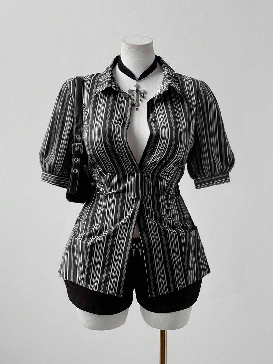 Sunspun 加大码条纹短袖修身黑色休闲衬衫，适合上学、上班、出席正式场合和派对。 - 黑色 - 查看 1