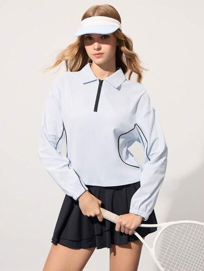 CourtClass 女士休闲运动撞色滚边拉链Polo衫