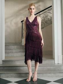 Anewsta 女士时尚新款性感亮片流苏露背优雅舞会礼服 - 酒紅色 - 查看 4