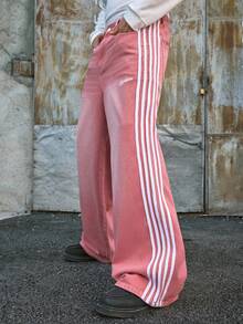 AXEPEAK Men's Casual Contrast Color Side Stripe Pink Jeans - Pink - View 4