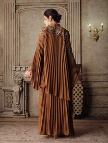 Anewsta Váy dài tay xếp ly ren chữ A thanh lịch màu kaki mới dành cho nữ, váy dạ hội - Màu Khaki - Xem 2