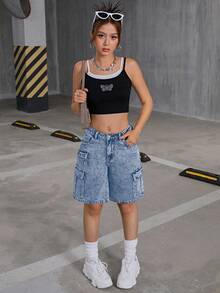 SHEIN Teen Girls Y2K Fashionable Low Waist Flap Pocket Baggy Denim Cargo Jeans Shorts,Teen Girl Back To School Clothes Outfits - Light Wash - View 3