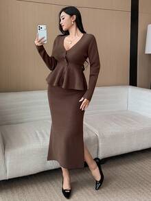 DAZY 2pcs Women V-Neck Dropped Shoulder Long Sleeve Ruffle Hem Knit Sweater Set - Grey - View 6