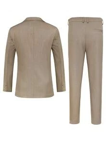 Manfinity Mode 男士纯色翻领口袋西装外套和裤子套装，适合聚会和通勤穿着。 - 卡其色 - 查看 2