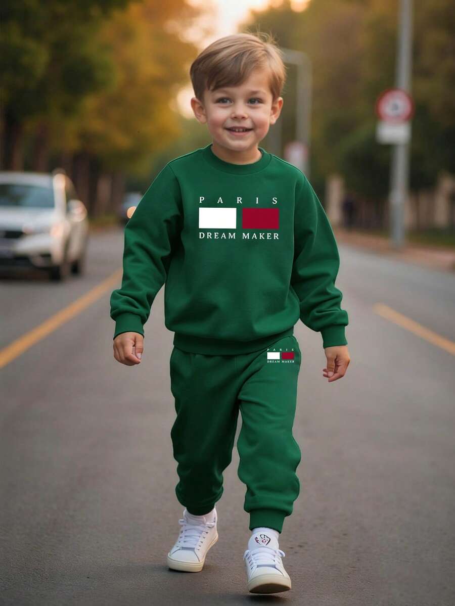 2pcs Boys Graphic Tees Casual Comfortable Sweatshirt Set, Letter Print Tops, Long Sleeve Sweatshirt And Sweatpants Outfit, Autumn/Winter - Black - View 1