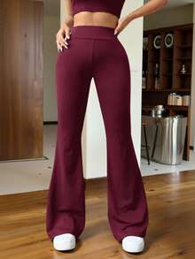 SHEIN EZwear Wine Red Knitted Women's Skinny Flare Pants - Burgundy - View 6