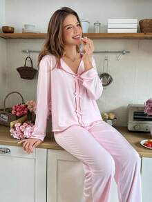 Snug Reverie Pink Bow Decor Lace Trim Women Pajama Set, Winter Clothes Ruffle Pajama Set Light Pink Pajama Set Sleep Wear Women 2 Piece Set Two Piece Sleepwear Set Lounge Wear Set - Pink - View 5