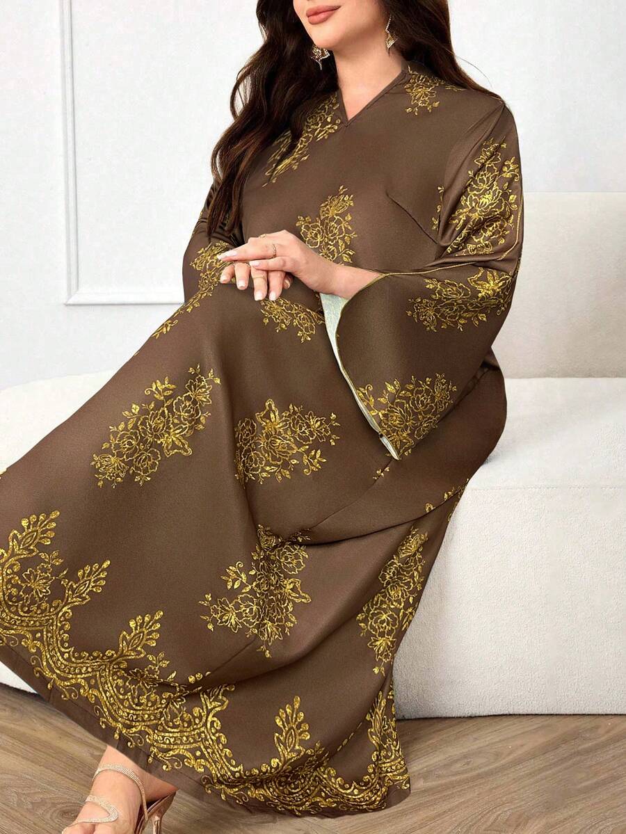 Al Najma Gaun Kasual Gaya Arab untuk Wanita Ukuran Besar, Busana Minimalis untuk Pakaian Sehari-hari yang Sopan - Coffee Brown - View 1