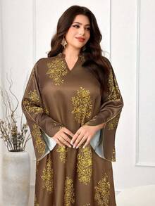 Al Najma Gaun Kasual Gaya Arab untuk Wanita Ukuran Besar, Busana Minimalis untuk Pakaian Sehari-hari yang Sopan - Coffee Brown - View 4