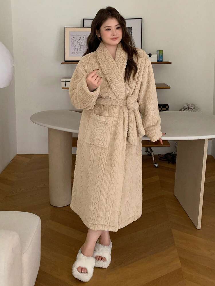 Dazy Plus Thermal Lined Loose Tie-Up Long Robe, Elegant Plus Size Women Sleepwear For Autumn/Winter