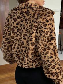 SHEIN EZwear 时尚复古豹纹毛绒大码夹克外套，秋冬