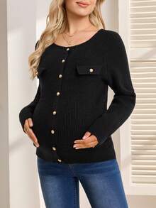SHEIN Maternity Sweater,Black Autumn Elegant Formal Evening Everyday Fitted Style Metal Button Faux Pocket Wide Collar Casual Solid Long Sleeve Cardigan - Black - View 8