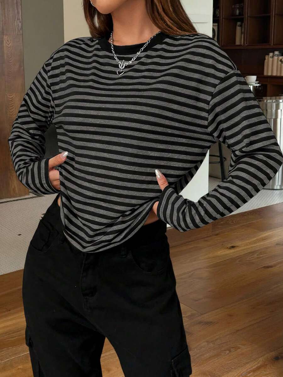 SHEIN EZwear Women's Striped Long Sleeve Crew Neck Basic T-Shirt - Grey - View 1