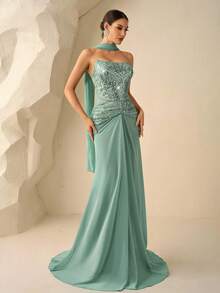 Coutiva 优雅抹胸上衣，串珠亮片缝边雪纺鱼尾裙摆派对礼服，适合生日派对、婚礼宾客、晚宴、毕业典礼等场合。 - 綠色 - 查看 8