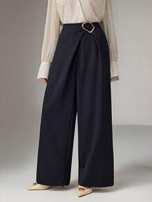 Modelyn Pantalon ample élégant à jambes droites et couleur unie avec décoration pour femmes - Bleu azur - Voir 5