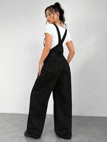 SHEIN ICON Women's Letter Embroidered Pocket Wide Leg Casual Denim Jumpsuit - Black - View 2