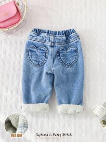 Cozy Pixies Pantalon en jean doublé thermique à taille élastique avec poche en forme de cœur pour bébé fille - Jean brut - Voir 1