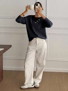 DAZY Áo len cổ Henley phối màu giản dị, chất liệu mềm mại, kiểu dáng 2 trong 1 dành cho nữ. - Màu xanh hải quân - Xem 3