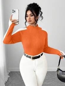 Elenzga Plus Size Slim Fit Colorblock Turtleneck Long Sleeve Sweater - Orange - View 1
