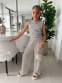 2pcs/Set Tween Girls Black & White Striped Loose Tank Top + Loose Pants, Fashion Versatile Outfit For Casual Wear, Spring/Summer 2026 - Black and White - View 3