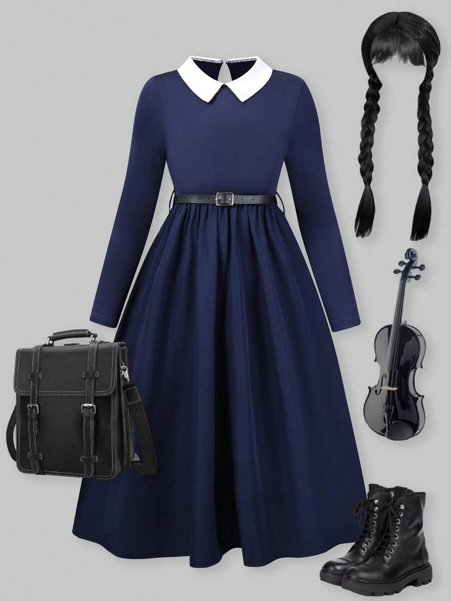 SHEIN ChillGRL 1 buah Gaun Streecool untuk Remaja Perempuan dengan Kerah Model Flare dan Blok Warna - Navy Blue - View 1