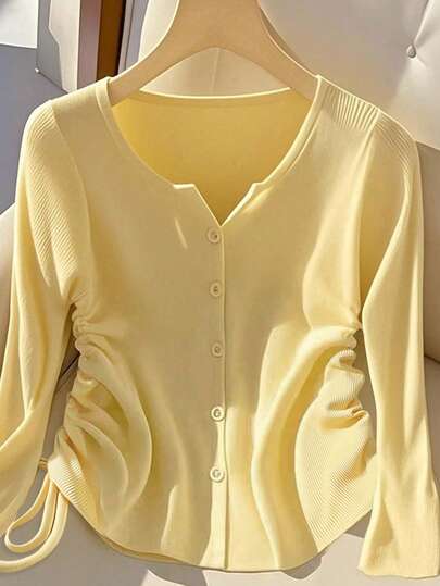 Franclia Women's Cardigan Elastic Waist Ruched Minimalist Romantic Long Sleeve T-Shirt Fall Yellow Cardigan For Women