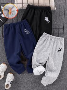 SHEIN 3条装儿童男童休闲刺绣保暖宽松运动裤，适合上学、花园、海滩、生日、秋冬季穿着。 - 藏蓝色 - 查看 2
