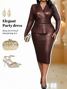 Fleurora 大码连衣裙秋季女装秋冬优雅通勤办公室音乐会/音乐节大码商务办公室连衣裙别致连衣裙商务 PU 连衣裙黑色连衣裙冬装女士秋季连衣裙 - 棕色 - 查看 1