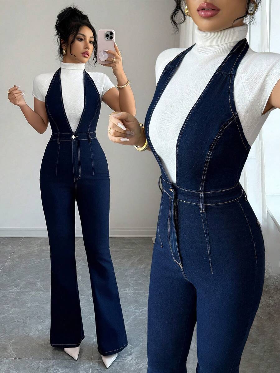 Elenzga Women's Denim Bib Pants And Jumpsuit V-Neck Sleeveless Denim Jumpsuit With Cinched Waist And Zipper, Sleeveless Flared Long Pants - Dark Wash - View 1