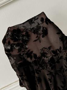 Femmeverse Plus Size Women Flocked Lace Long Sleeve Bodysuit, Sexy Fitted - Brown - View 6