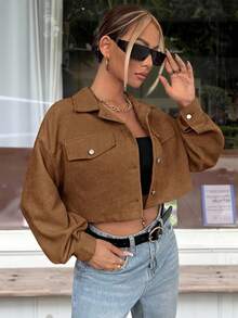 SHEIN EZwear Drop Shoulder Flap Detail Crop Corduroy Jacket In Fall/Winter