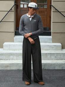 SWAVVY 男士条纹直筒宽松休闲裤，带口袋 - 黑色 - 查看 7