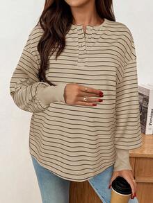 SHEIN 孕妇条纹纽扣半开襟落肩长袖休闲T恤（秋季款） - 卡其色 - 查看 5