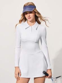 CourtClass Women's Casual Polo Collar Half-Zip Front Active Sports Dress Golf Tennis Dress Tennis Dress Long Sleeve - White - View 1